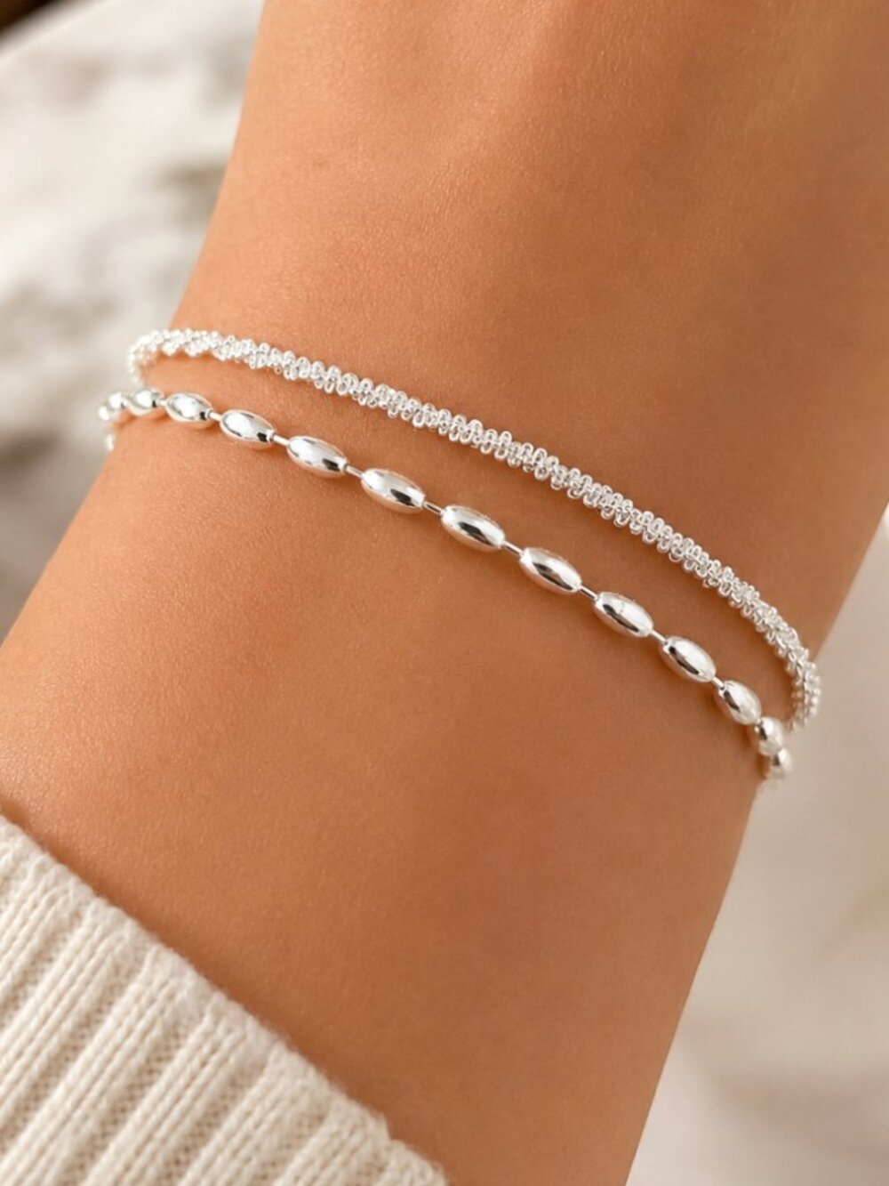 Sterling Silver Double Chain Layer Bracelet Shiny Sequin Dainty Chain Bracelet